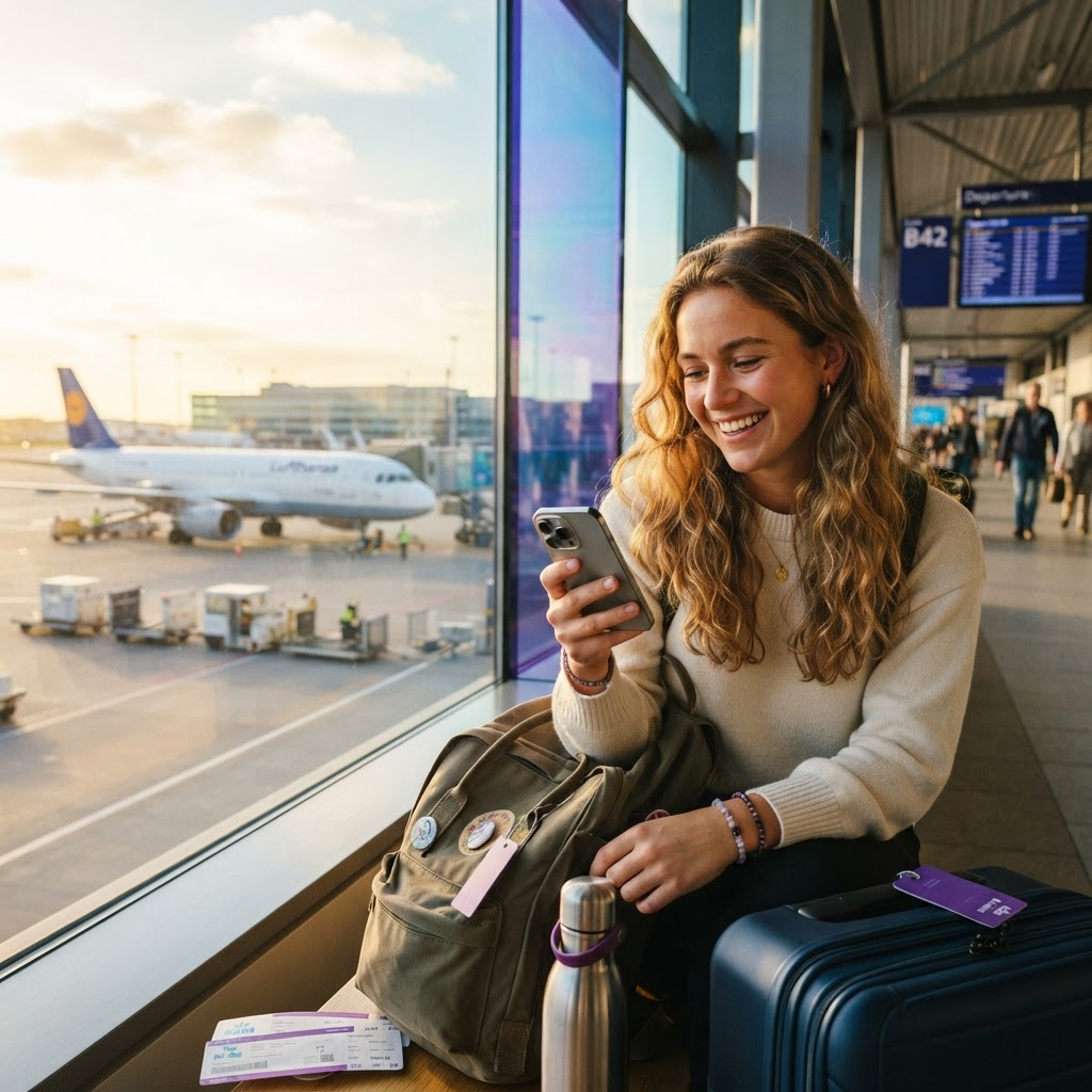 Traveler using the RIA mobile app at the airport