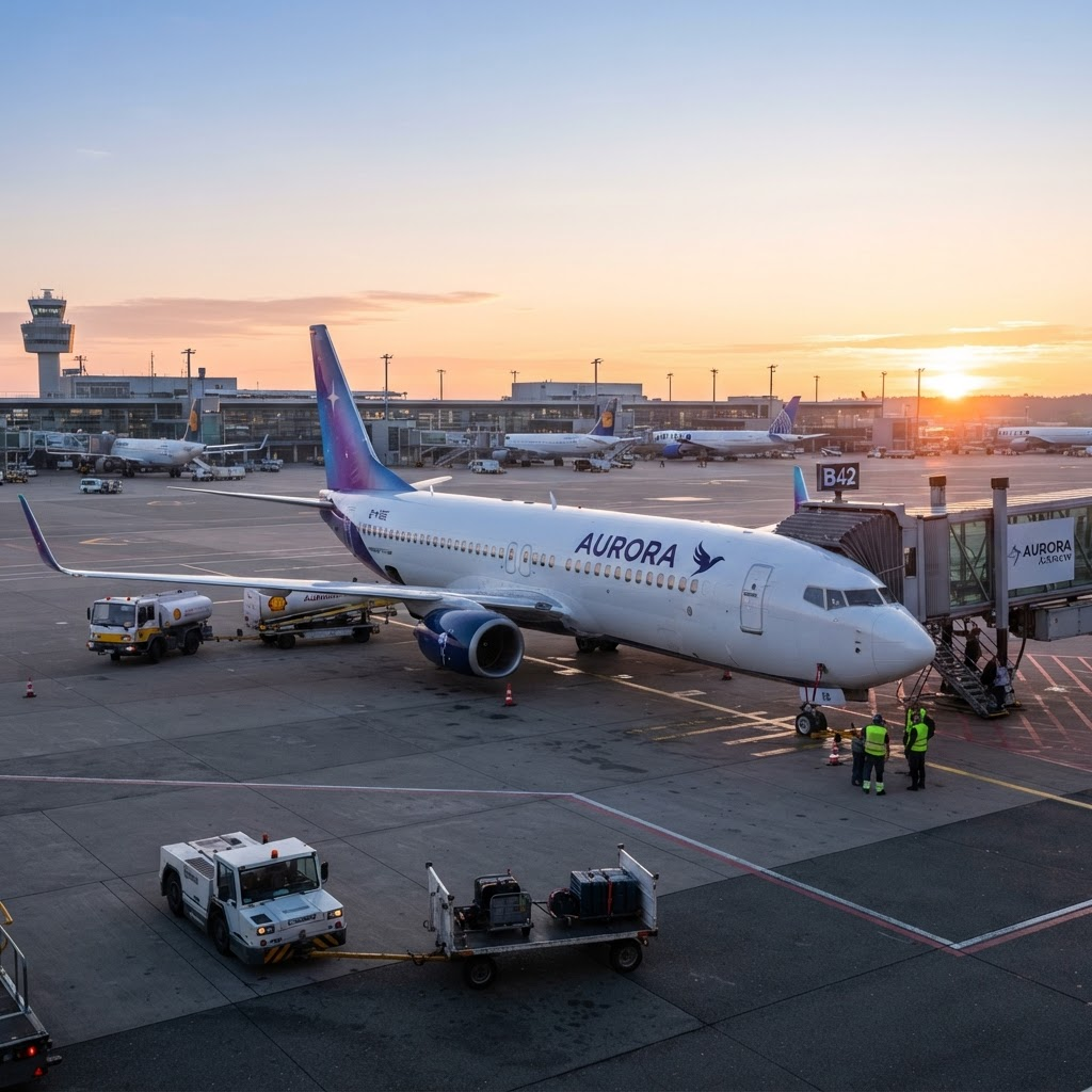 RIA Boeing 737-800 on the tarmac at sunrise