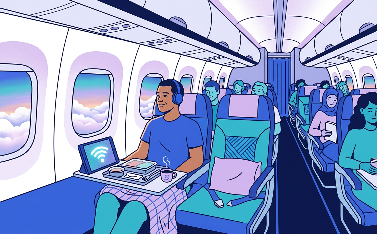 Ilustração de um passageiro relaxando na janela com fones, tablet e refeição a bordo